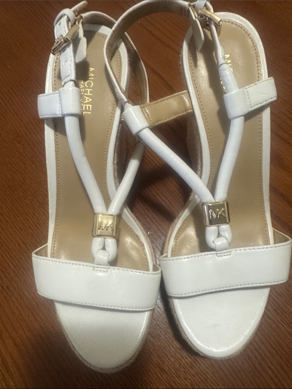 Michael Kors White Leather T-Strap Sandals with Gold MK Accent